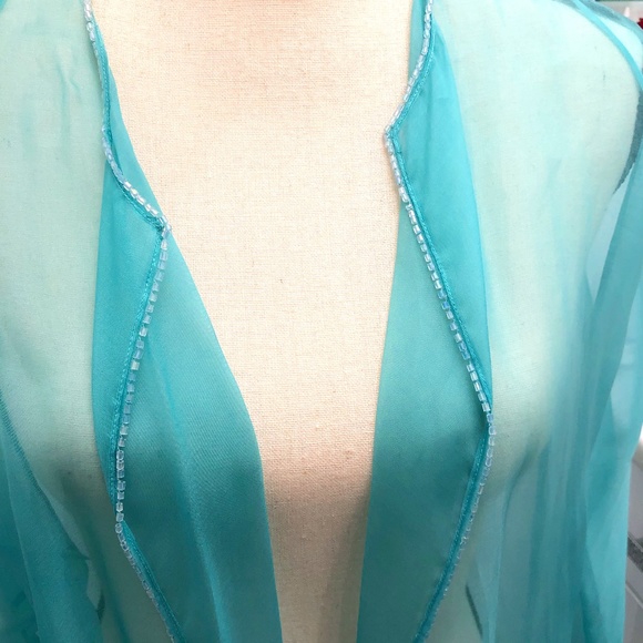 SHAMASK BEADED TURQUIOSE BLUE SILK ORGANZA OPEN JACKET - Picture 2 of 13